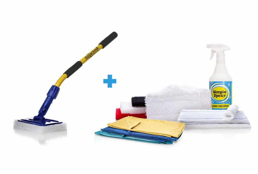 The Close-Quarters Cleaning Pack from the Simple Scrub features The Simple Scrub Shorty, The Simple Scrub cleaning pads, cleaning cloths, microfiber towels, and The Simple Spray
