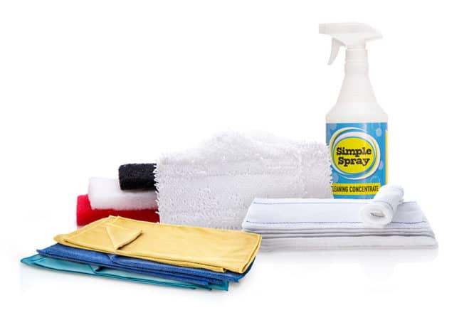 The Simple Scrub's Premium Jumbo Pack includes cleaning pads, cleaning cloths, reusable microfiber towels, and our cleaning concentrated named "The Simple Spray."