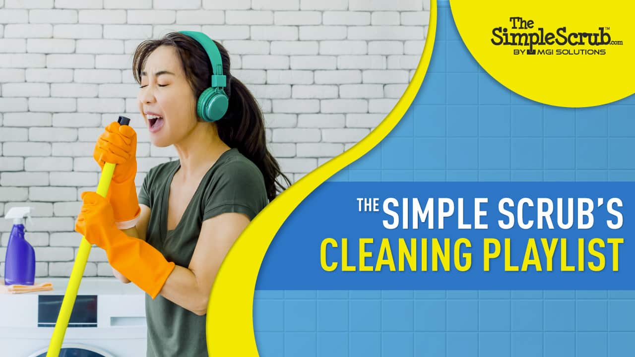 An image of a women singing with a long handled brush as a microphone as featured in the The Simple Scrub's blog banner 