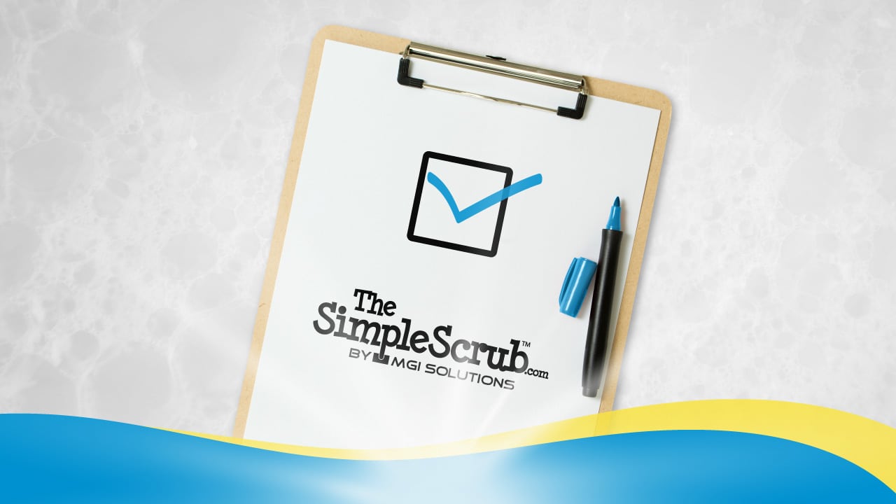 A notepad and paper with The Simple Scrub's list of Essential Cleaning Supplies
