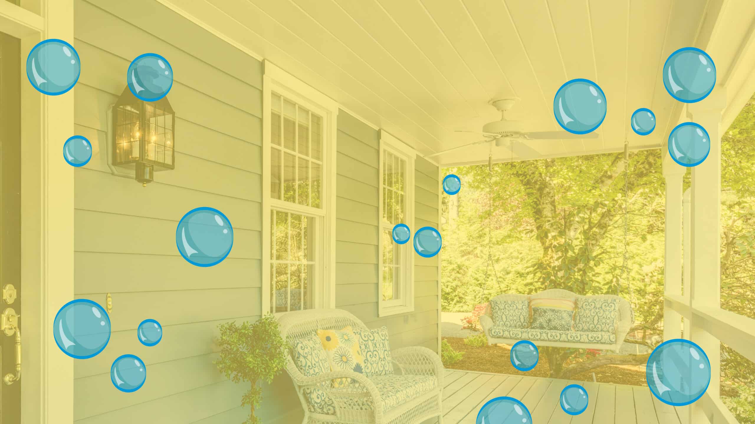 A porch sparkles after being cleaned by Simple Scrub products. Simple Scrub's yellow hue and animated bubbles overlay the image.